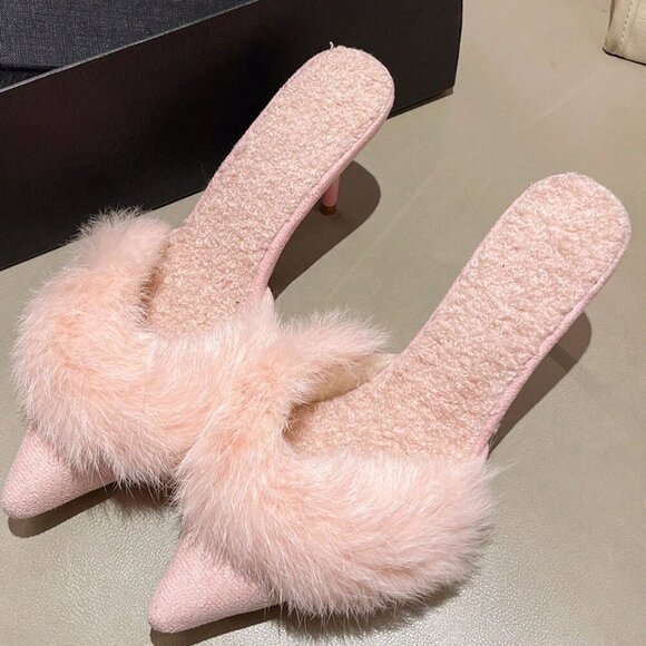 Pink Vacation Women's Fluffy Pointed Toe Slip On High Heel Slides - Picture 2 of 4